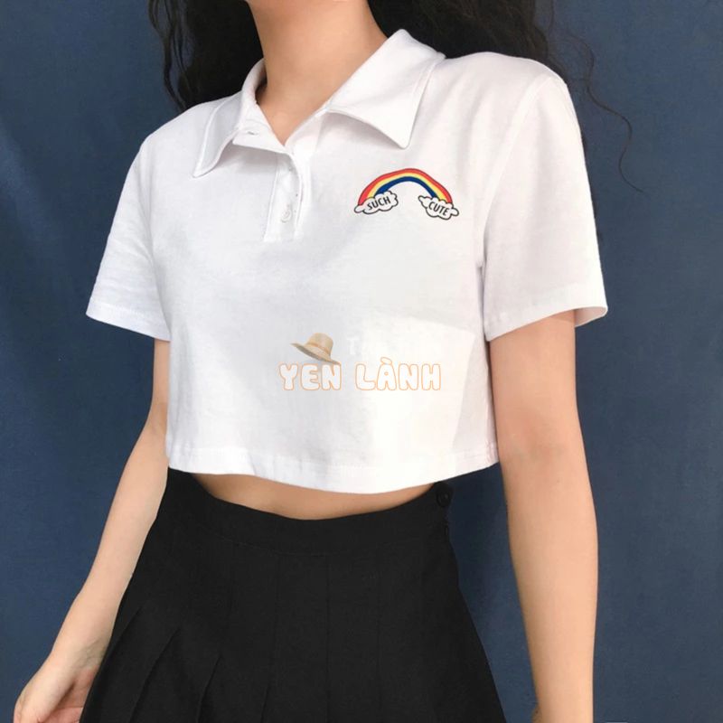 Ao thun ngắn hở bụng nữ cổ áo gấp POLO in hình cầu vồng nhỏ trước ngực