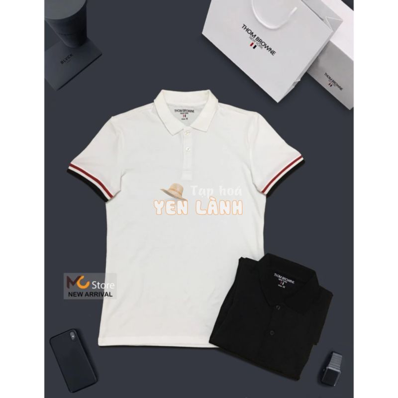 Xả kho giá gốc áo polo THOM BROWNE áo thun có cổ bẻ made in KOREA cotton 2 màu đen trắng (TỔNG KHO GIÁ SỈ)