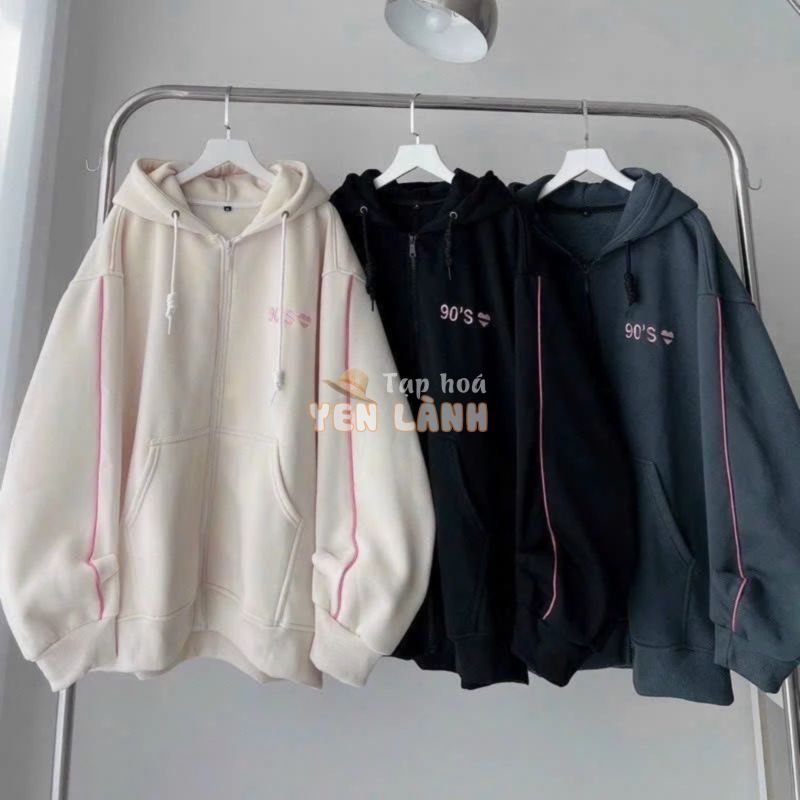 Áo hoodie zip thêu trái tim 90S, Áo khoác nỉ dày dặn Unisex