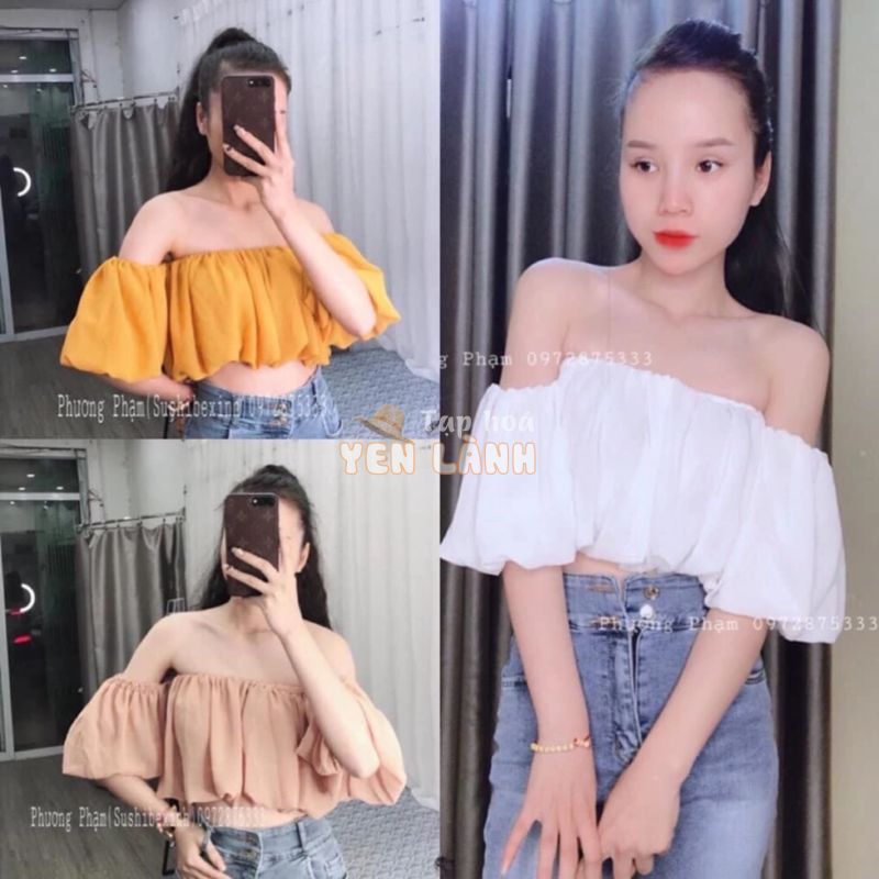 SALE LỚN –  Áo trễ vai croptop bo chun bồng ( mỏng sexy ) GẤM LUXURY