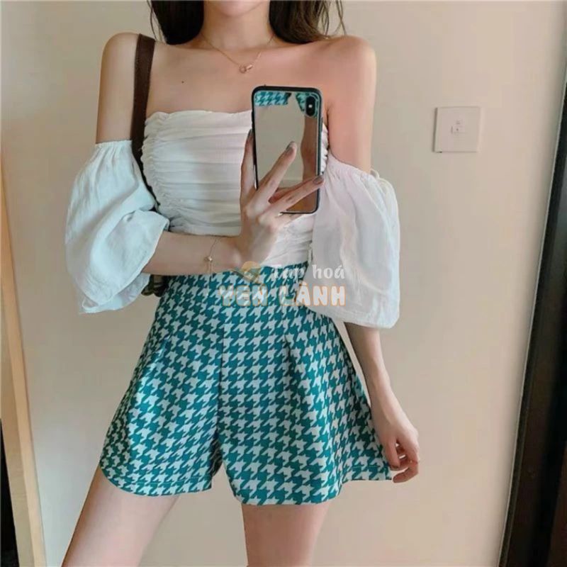 Áo Croptop Trễ Vai Nhún Tay Phồng Có Bo Thun Sau Tuyết’s House F9-4