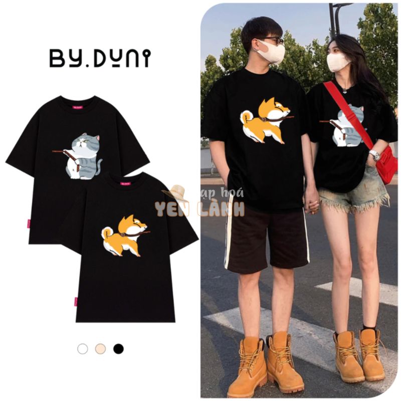 Áo thun cặp đôi BY.DUNI nam nữ form rộng Local Brand tay lỡ unisex, áo cặp bạn thân vải cotton mẫu MÈO TRÓI CHÓ FULL BOX