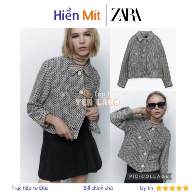 ZARA Đức – Áo kiểu dáng sơmi cổ bẻ cài khuy vải dệt tweed đen trắng sale auth new tag cao cấp có sẵn 8795/131