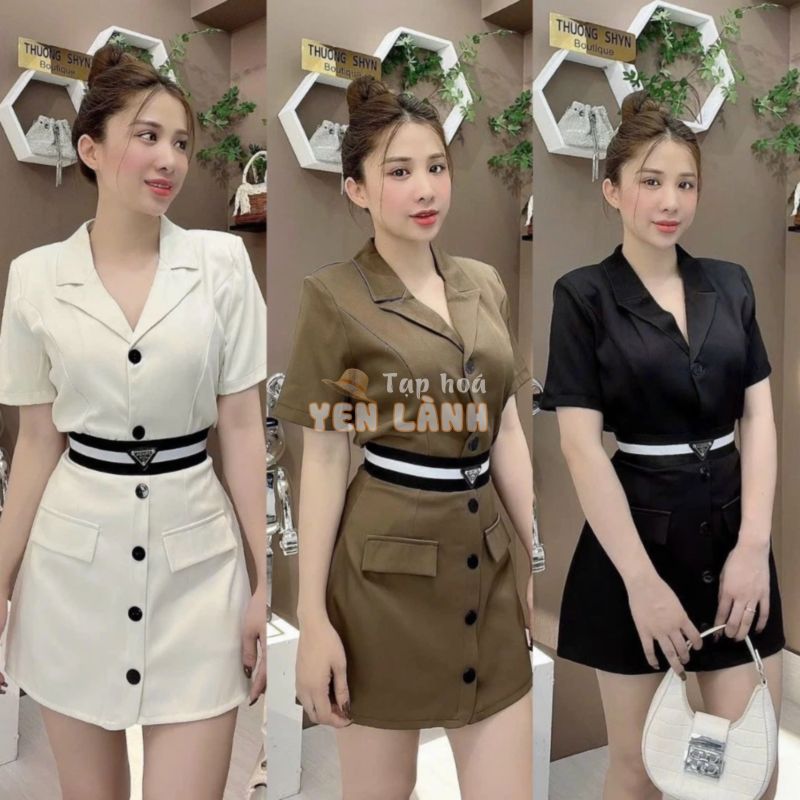 Set đồ nữ áo cổ vest tay ngắn kèm váy đai thun họa tiết chất vải tuyết mưa xinh xắn gợi cảm D012