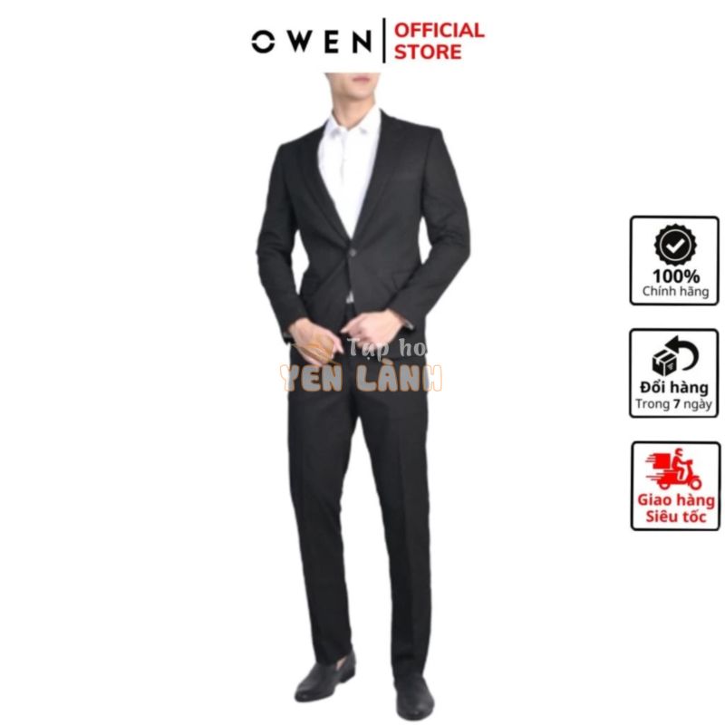 Bộ suit veston công sở nam cao cấp OWEN VES220959 áo vest comple màu đen vải polyester dáng suông một cúc tà xẻ hông