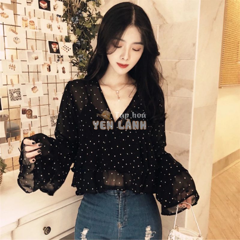 [ORDER] Sơ mi voan mỏng chấm bi đen(kèm ảnh thật)