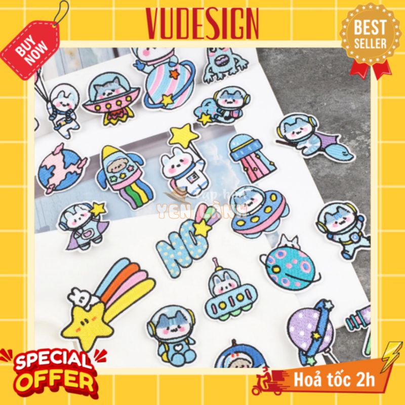 Sticker Dán Vải, Sticker Ủi Thêu Quần Áo, Balo, Túi, Mũ Hình Thỏ Mèo Chó Phi Hành Gia Vũ Trụ Cute Vudesign