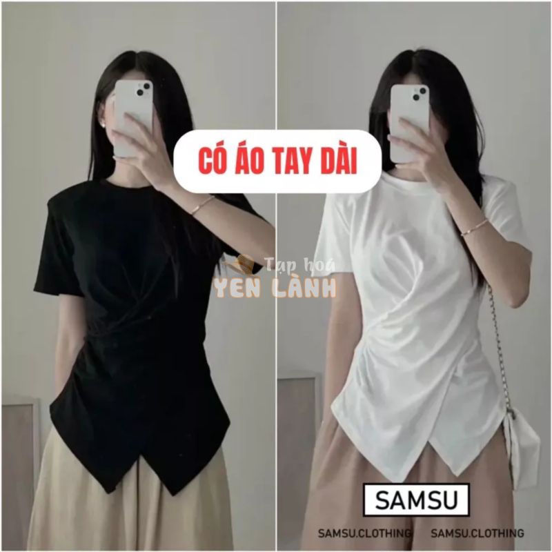 Áo thun xoắn nhúm eo cổ tròn vạt nhọn chéo thun gân dày dặn phong cách Hàn Quốc Samsu.clothing_saigon