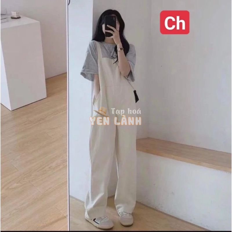 Set yếm kaki be kèm áo phông form thụng chất cotton su phù hợp cả nam và nữ