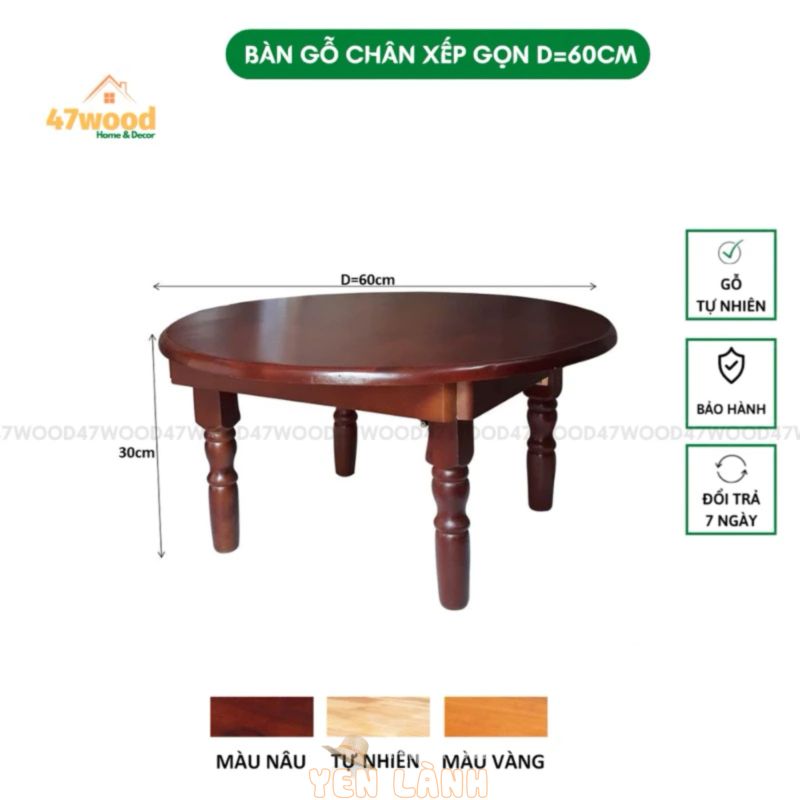 Bàn Trà Mặt Tròn Đường Kính 60cm Chân Xếp Gọn – Bàn Ăn Xếp Gọn Gỗ Cao Su