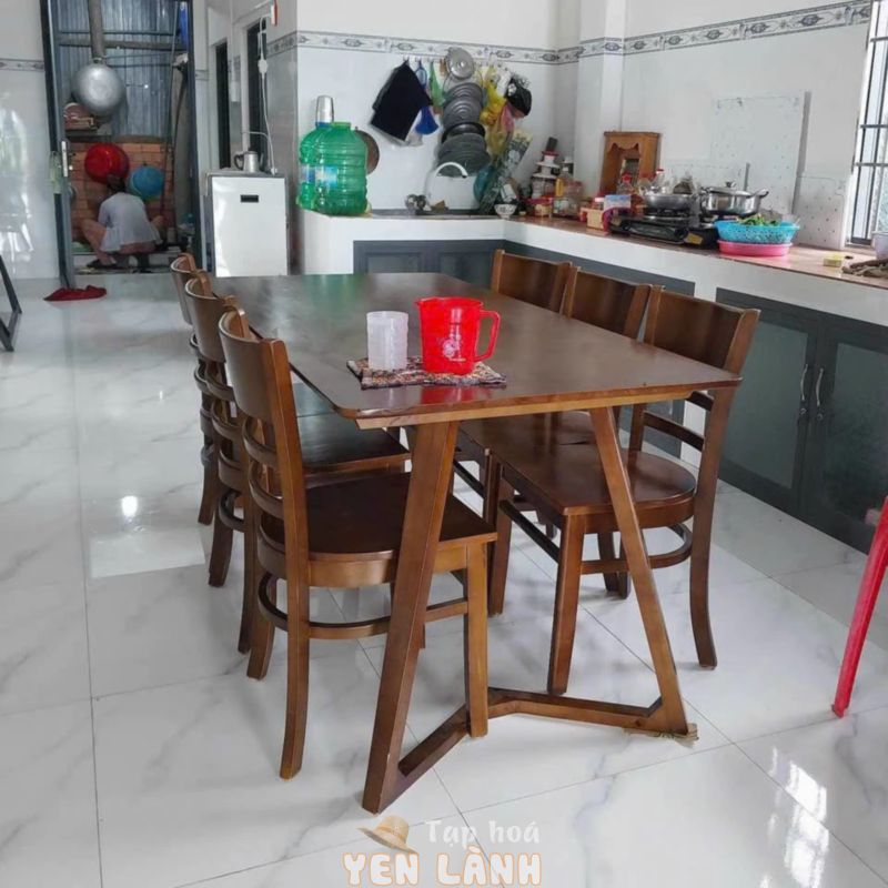 Bộ bàn ăn 6 ghế cabin mặt gỗ, bàn ăn cơm gia đình gỗ cao su tự nhiên màu nâu óc chó – bảo hành 1 năm – nội thất Ngọc Mai