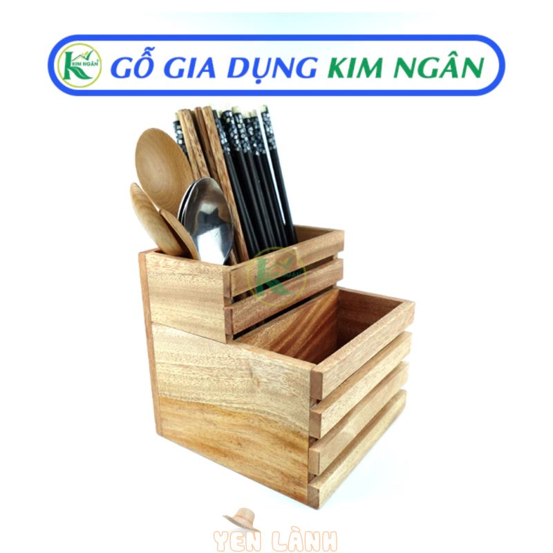 Ống Gỗ 2 Ngăn Đựng Đũa Muỗng Nĩa Thìa Dụng Cụ Ăn Bàn Ăn Bằng Gỗ Tự Nhiên Nguyên Khối