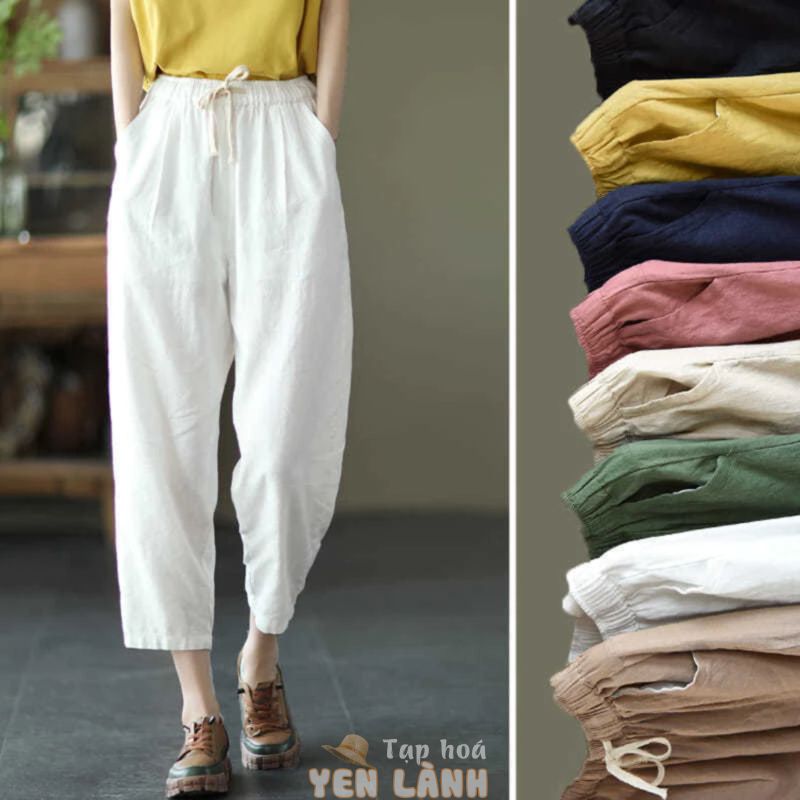 Summer High-Waisted Literary Vintage Quần Vải Cotton Và Vải Lanh, Thắt Lưng Co Giãn, Quần Cắt Mỏng Thông Thường, Bàn Chân Nhỏ Đa Năng, Quần Harem (Kích Thước Lớn)