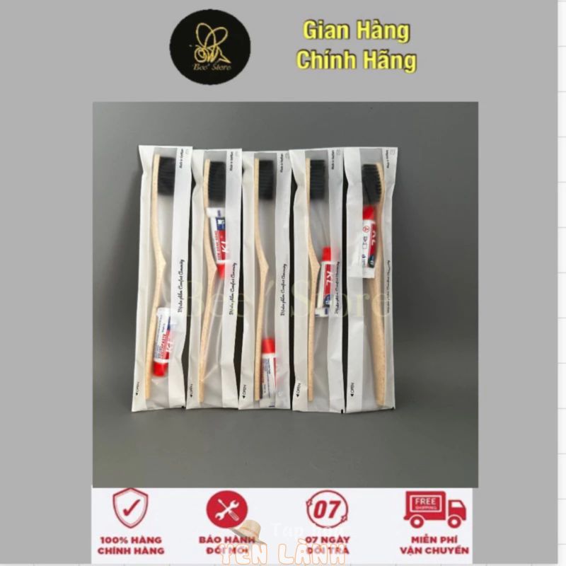 Bộ Bàn chải cán giả gỗ cước đen mềm mịn kem đánh răng cao cấp túi trắng khách sạn 3sao