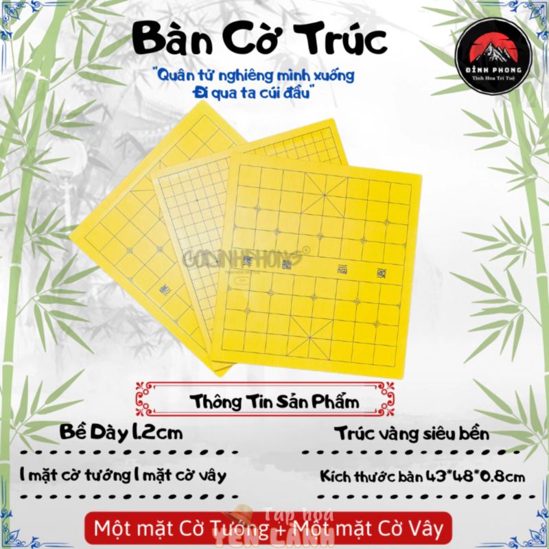 Bàn cờ tướng gỗ trúc 44x47cm có hai mặt 1 mặt cờ tướng 1 mặt cờ vây, màu vàng cả 02 mặt với thiết kế đẹp, thanh thoát