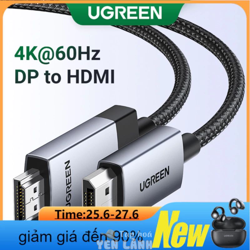 Cáp DP sang HDMI UGREEN 4k@60hz 3D HDR bằng hợp kim nhôm cho màn hình máy chiếu / laptop / máy tính để bàn