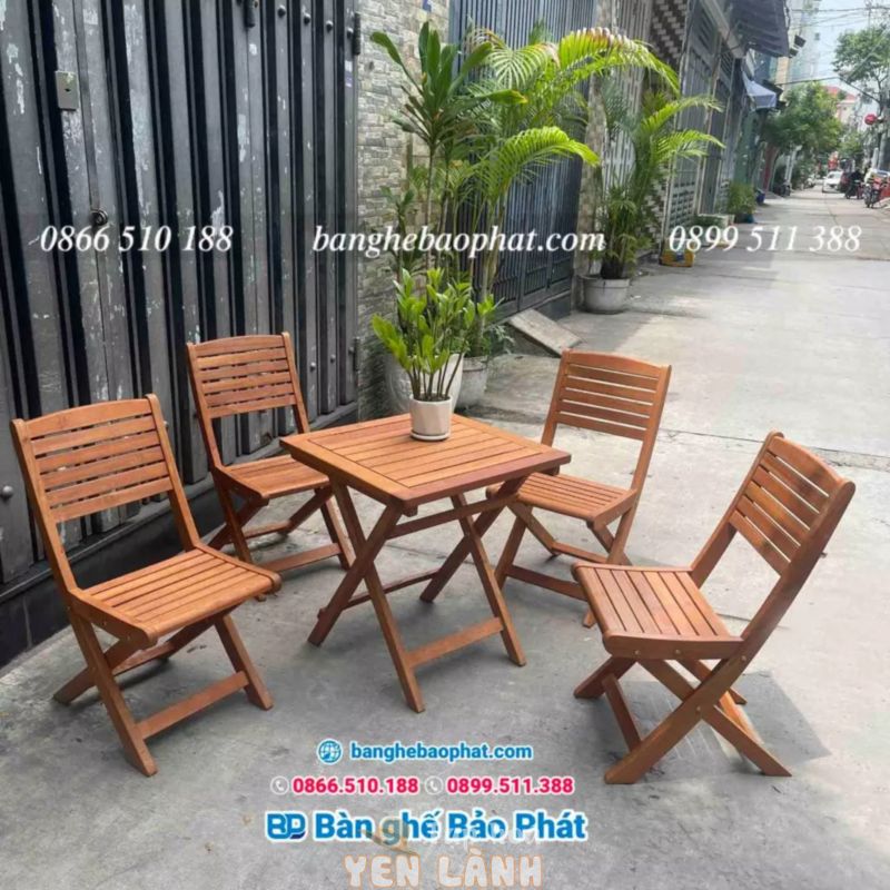 Bàn ghế gỗ cafe giá rẻ Bảo Phát ( Bộ bàn ghế cafe bằng gỗ xếp gọn – Gỗ bạch đàn bền- đẹp )