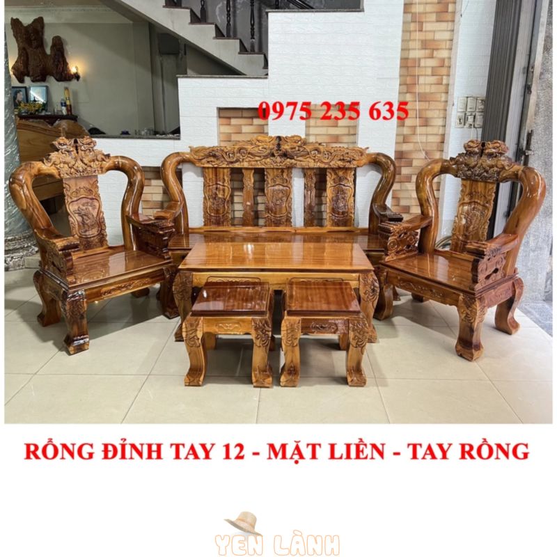 Bộ bàn ghế phòng khách Rồng đỉnh, gỗ tràm, mặt nguyên tấm, Tay 10, Tay 12