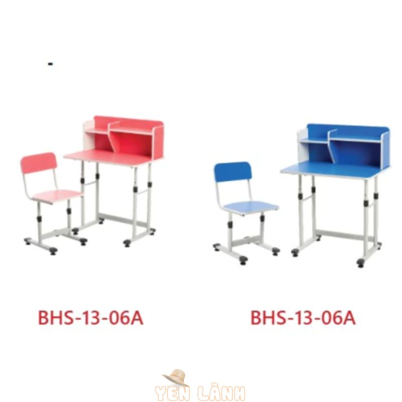 Bộ bàn ghế học sinh xuân hòa BHS-13-06A cho bé khung sắt mặt gỗ có kệ giá sách