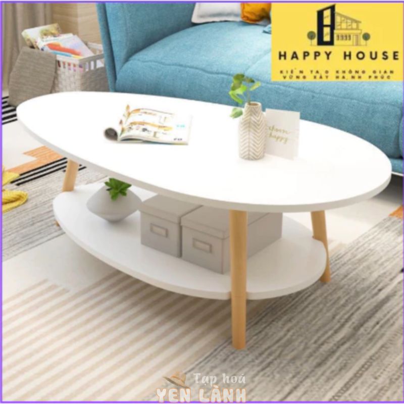 Bàn trà sofa hiện đại, bàn gỗ cafe 2 tầng hình trứng chân gỗ cao su trang trí phòng khách phù hợp mọi loại ghế