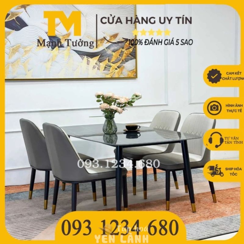 Bộ Bàn Ăn Mặt Đá Ceramic, Chân Côn Ống Mạ Vàng, Phủ Sơn Đen Tĩnh Điện, Ghế Monet Không Tay Nhập Khẩu