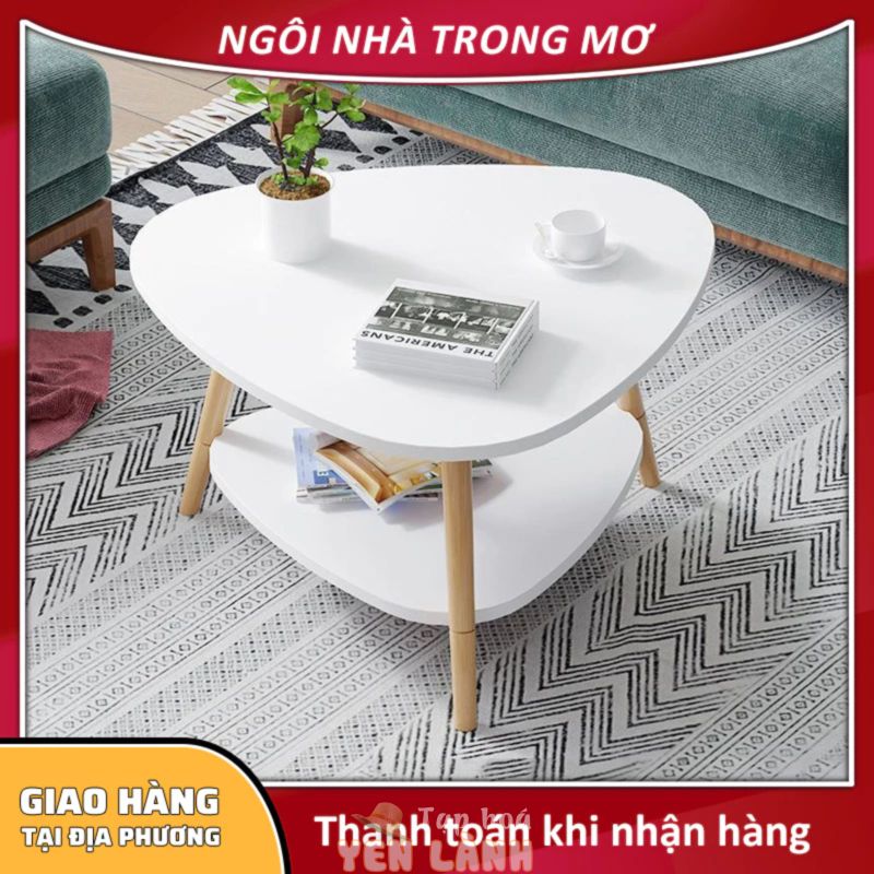 Bàn Trà Bàn Bàn Cafe Trang Trí Phòng Khách/ Phòng Ngủ 2 Tầng Hình Tam Giác Nhỏ Gọn Chân Gỗ Cao Cấp