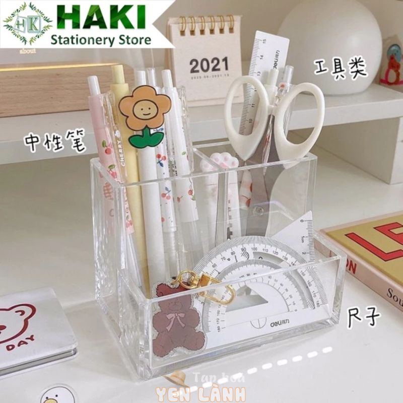 Hộp đựng bút trong suốt HAKI, ống đựng bút bằng nhựa acrylic trong suốt decor bàn học OB10