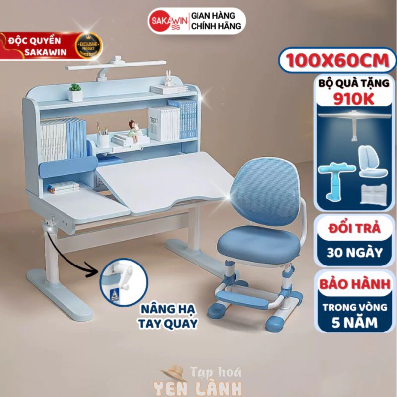 Bàn học cho bé thông minh Sakawin Pro100 Gỗ tự nhiên cao cấp, Mặt bàn xẻ đôi size 100cm chống gù chống cận cao cấp