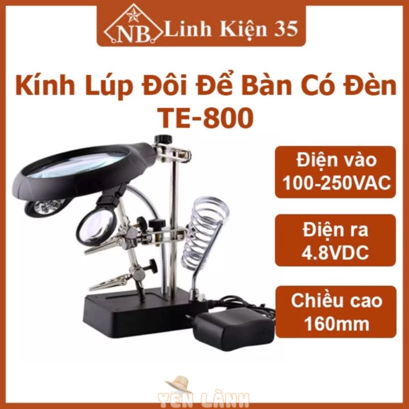 Kính lúp đôi từ hợp kim nhôm và thủy tinh quang học để bàn có đèn Led chiếu sáng TE-800