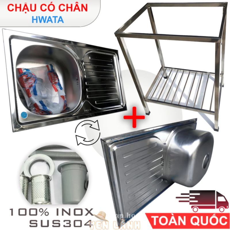 Bộ Chậu Rửa Chén Bát HWATA Inox SUS304 Có Chân Kèm Xi Phông – Chậu Chính Hãng 1 hộc và 1 hộc có bàn nhiều kích thước