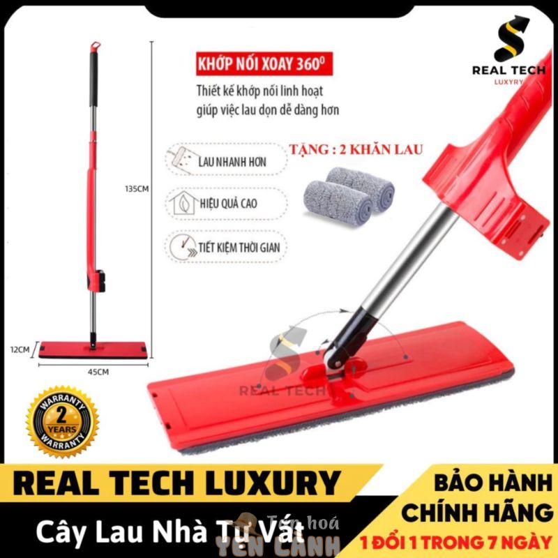 Cây lau nhà tự vắt thông minh không cần thùng – TẶNG 2 miếng lau – bàn lau lớn 38cm Cán inox dài 125cm xoay 360 độ