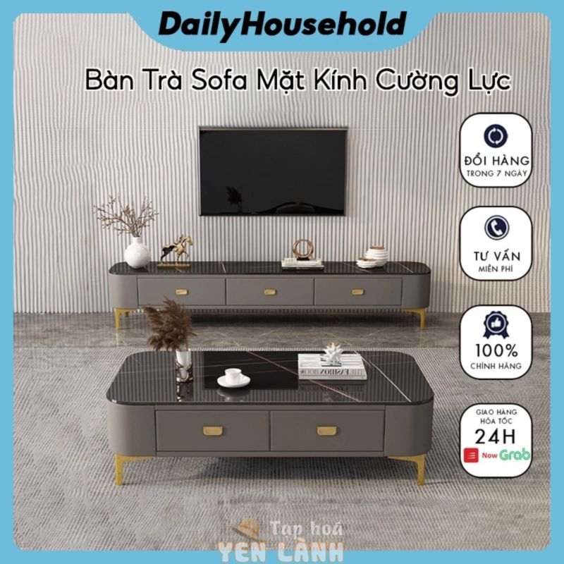 Bàn Trà Sofa Mặt Kính Cường Lực Cao Cấp KT 100x50cm DailyHousehold  Bàn Trà Phòng Khách Sang Trọng Mặt Vân Đá