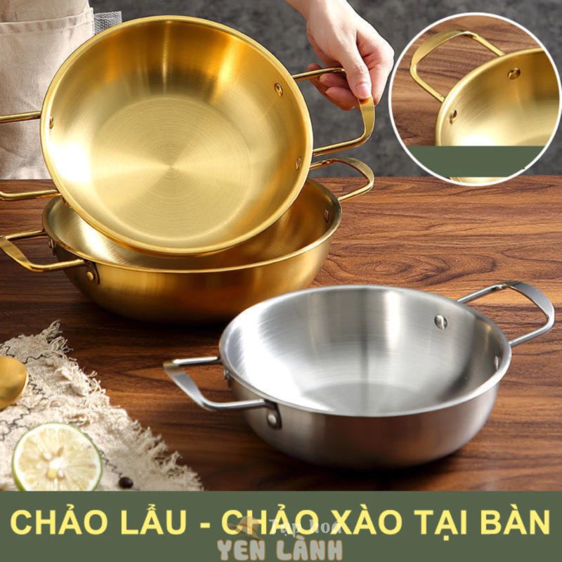 Chảo Lẩu, Chảo Xào Nướng Bằng INOX Dùng Tại Bàn Cho Các Món Xào, Lẩu Nướng Gia Đình, Bạn Bè, Quán Ăn