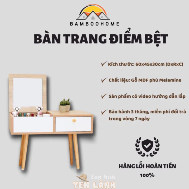 Bàn phấn trang điểm mini ngồi bệt có gương và ngăn kéo đựng mỹ phẩm bằng gỗ phủ melamin decor cao cấp BAMBOOHOME- D14