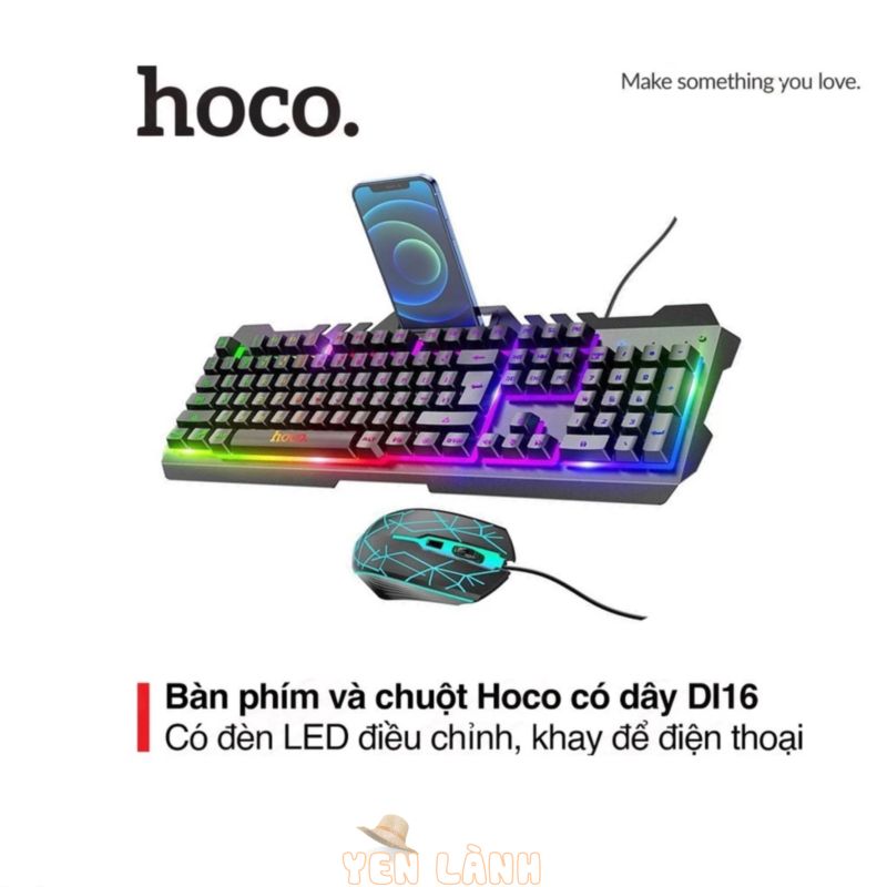 Bộ bàn phím và chuột Hoco Gaming DI16 phím cơ chuột DPI 1600 đèn Led đổi màu tích hợp khay điện thoại