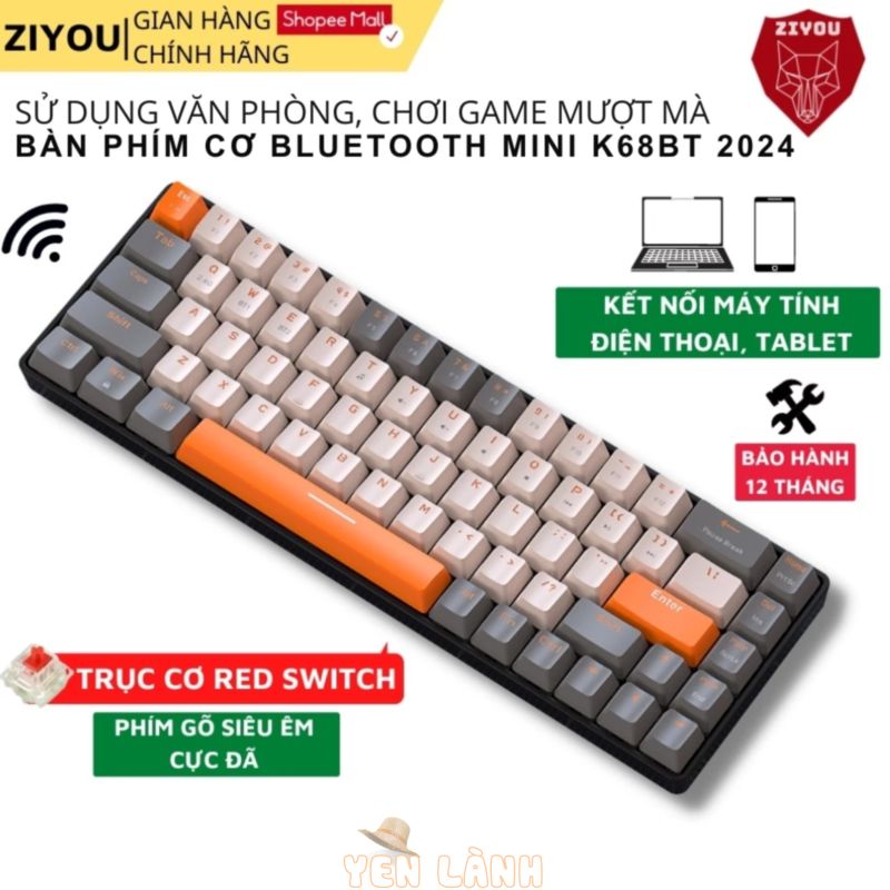 Bàn Phím CƠ Không Dây Bluetooth Ziyou K68BT Phím Red Switch Giảm Ồn Gõ Cực Thích Kết Nối Đa Năng Máy Tính/Điện Thoại/Mac