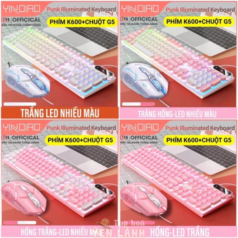 Combo Bàn Phím Chuột Máy Tính Laptop Có Dây Giả Cơ YINOAO K600-G5 LED Xuyên Chữ Nhiều Màu Sắc Trắng Xanh Hồng Tím