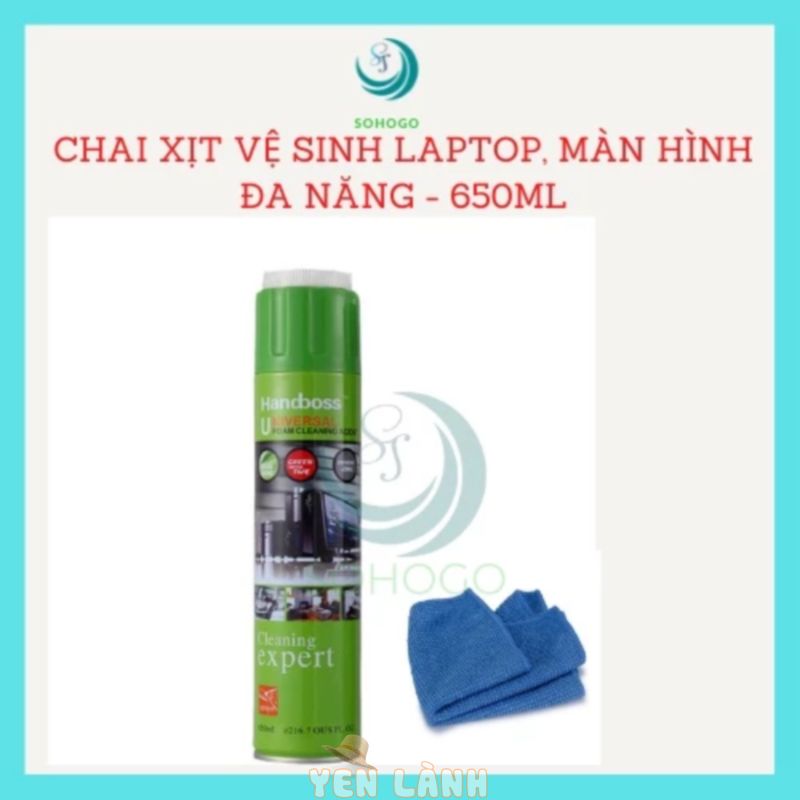 Bình xịt vệ sinh màn hình, bàn phím laptop/ máy tính 650ML+ Tặng kèm khăn lau cao cấp- Chai xịt đa năng trên loại bề mặt