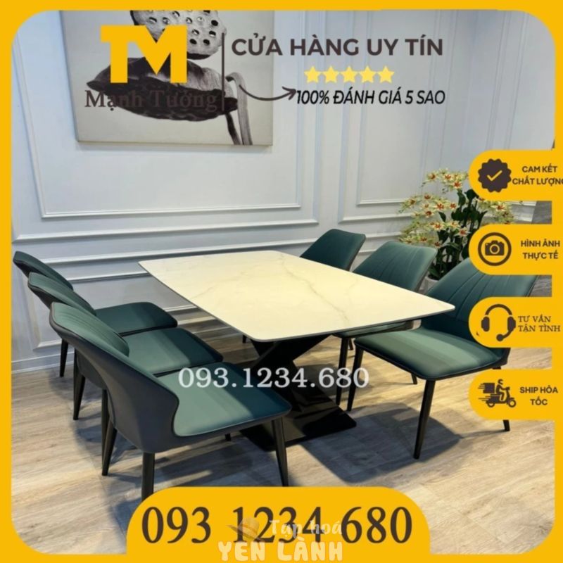 Bộ bàn ghế ăn mặt đá trắng bóng, 6 ghế nhập khẩu, bàn chân chữ X phủ sơn tĩnh điện