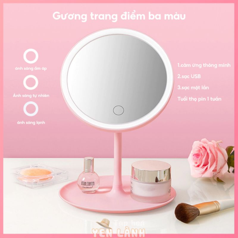 Gương Trang Điểm Nhật Bản có thể sạc lại cao cấp cảm ứng đèn LED bàn gương trang điểm tròn, 3 chế độ ánh sáng, siêu nhấp nháy