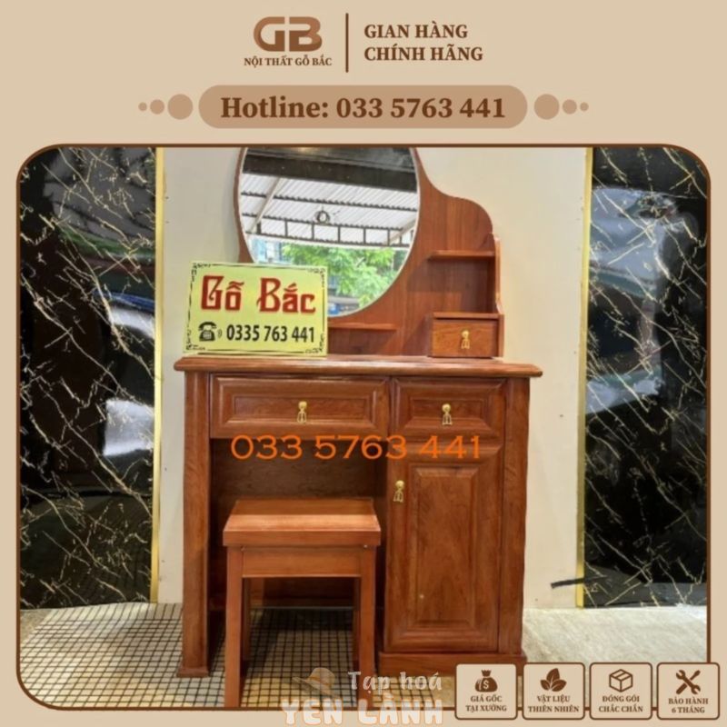 Bàn trang điểm gỗ thịt chắc chắn dùng các loại gỗ cao cấp – hương xám, hương đá kích thước rộng 80cm