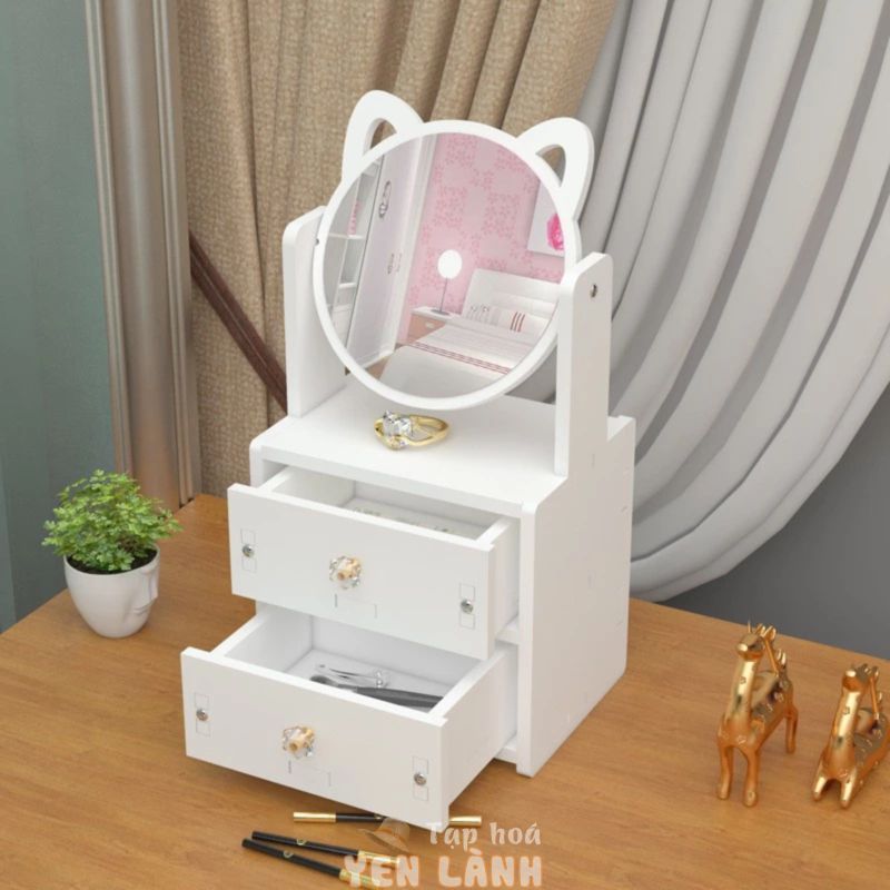 [ HÀNG LOAỊ 1 ] Bàn Trang Điểm Mini 2 Tầng Có Gương Mèo Hello Kitty Bằng Gỗ Nhựa Để Phòng Ngủ – Nhỏ Gọn Đựng Mỹ Phẩm cnx