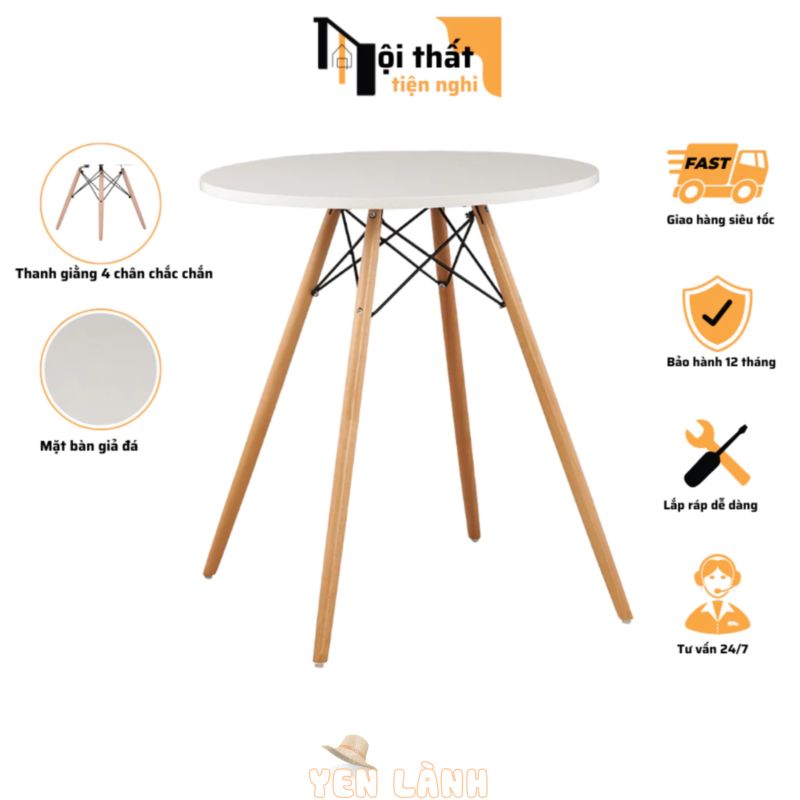 Bàn Tròn EAMES 4 Chân Gỗ Đan Sắt dùng để decor, Ngồi Quán Cafe, Văn Phòng, Bàn Ăn Đủ Kích Thước, thiết kế hiện đại