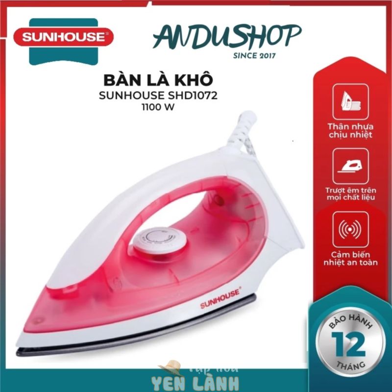 [BÀN ỦI CHÍNH HÃNG]Bàn Là Khô SUNHOUSE SHD1072 – Công Suất 1100W – Thân Nhựa Chịu Nhiệt – Mặt Bàn Là Chống Dính