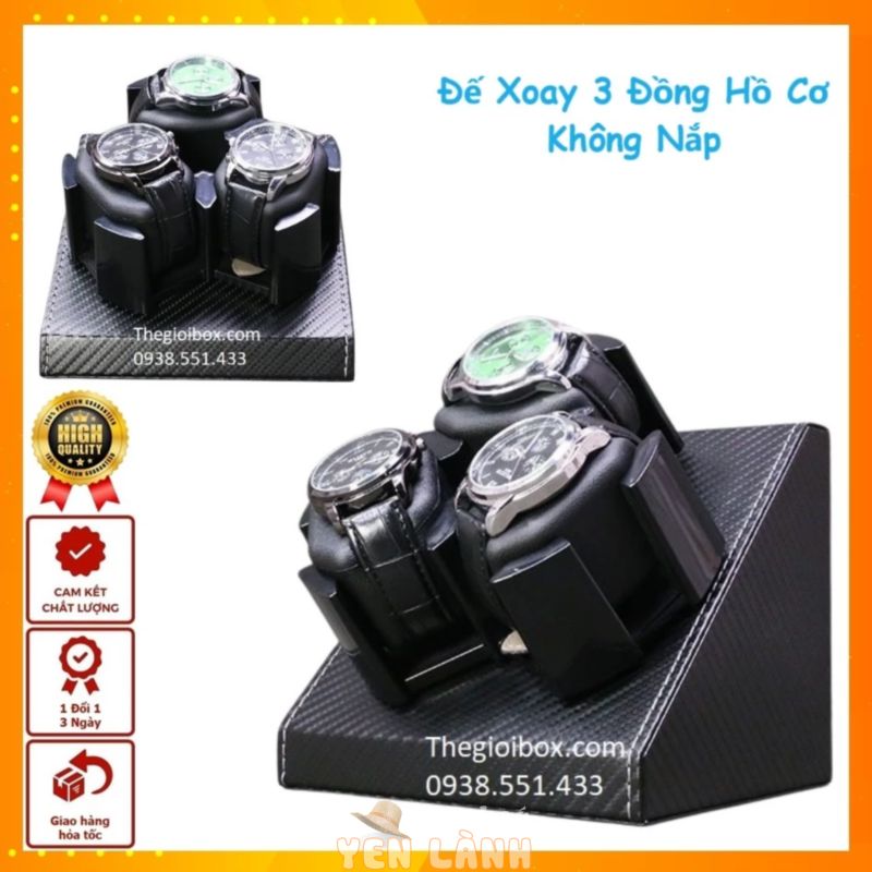 Đế Xoay Lên Cót Đồng Hồ Cơ 3 Ngăn Không Nắp Vỏ Da Vân Carbon – Đế Trưng Bày Đồng Hồ Cơ Tự Quay Để Trong Ngăn Kéo Bàn