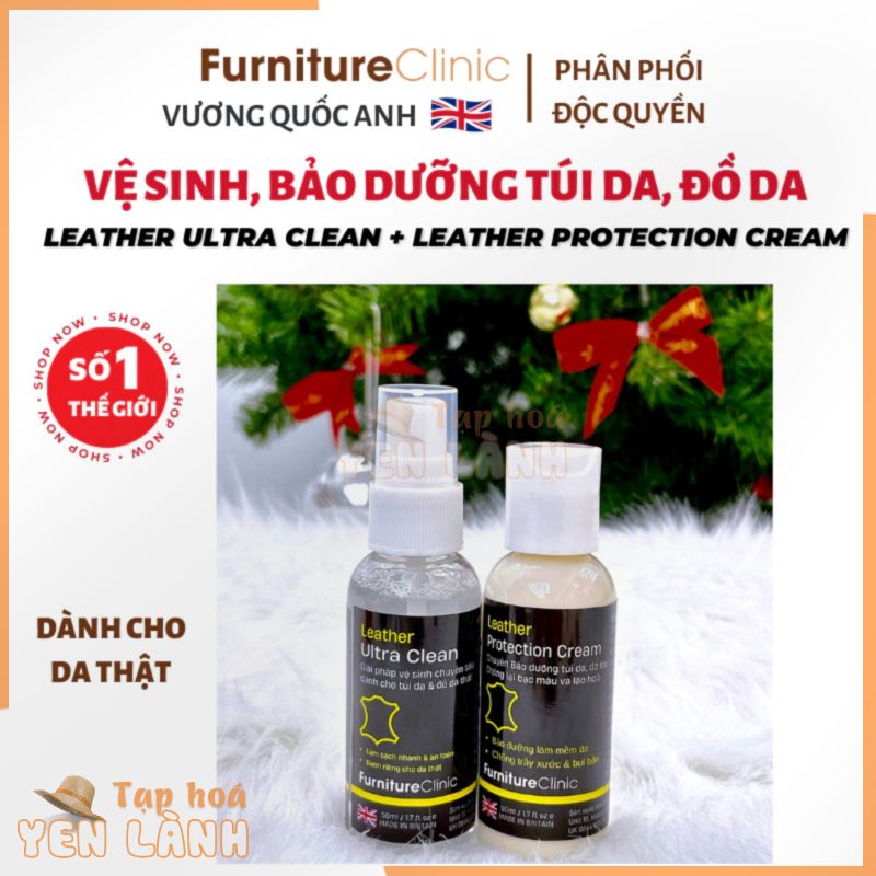 Bộ vệ sinh bảo dưỡng túi da, ví da, đồ da hàng hiệu hãng Furniture Clinic Leather Ultra Clean – Leather Protection Cream