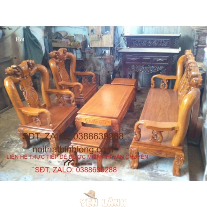 bộ bàn ghế salon gỗ gụ trạm đào tay 10