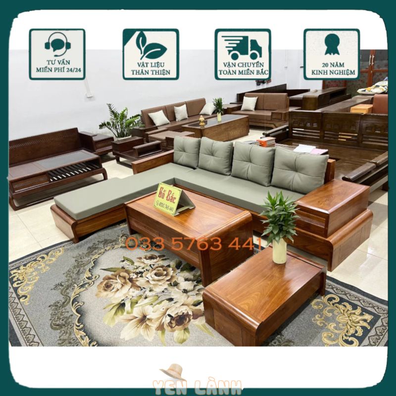 Bộ bàn ghế sofa phòng khách cao cấp gỗ hương vàng kích thước 2m8x2m thiết kế chân cuốn cong hiện đại