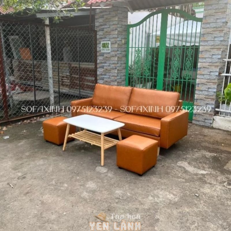 Bộ Sofa Băng Cao Cấp 1m8 Có Tay được Bọc Giả Da Simili Sang Trọng Kèm Bàn Gỗ 2 Tầng Và 2 Đôn Vuông a