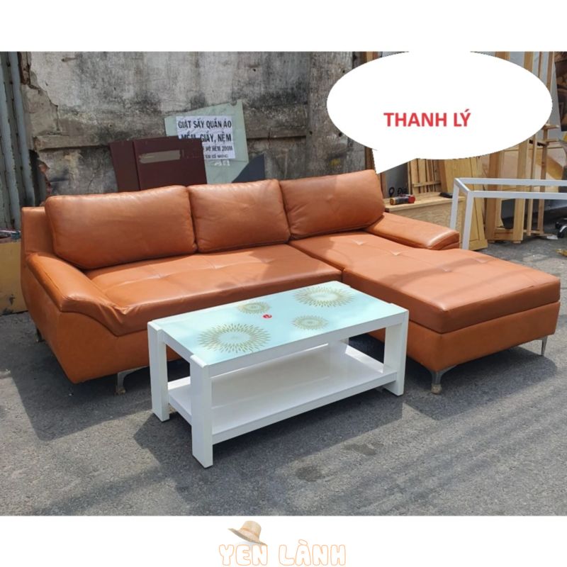 Bộ Ghế Sofa chữ L nệm bọc da simili chân inox kèm bàn, sofa thanh lý, sofa da, sofa góc phòng khách